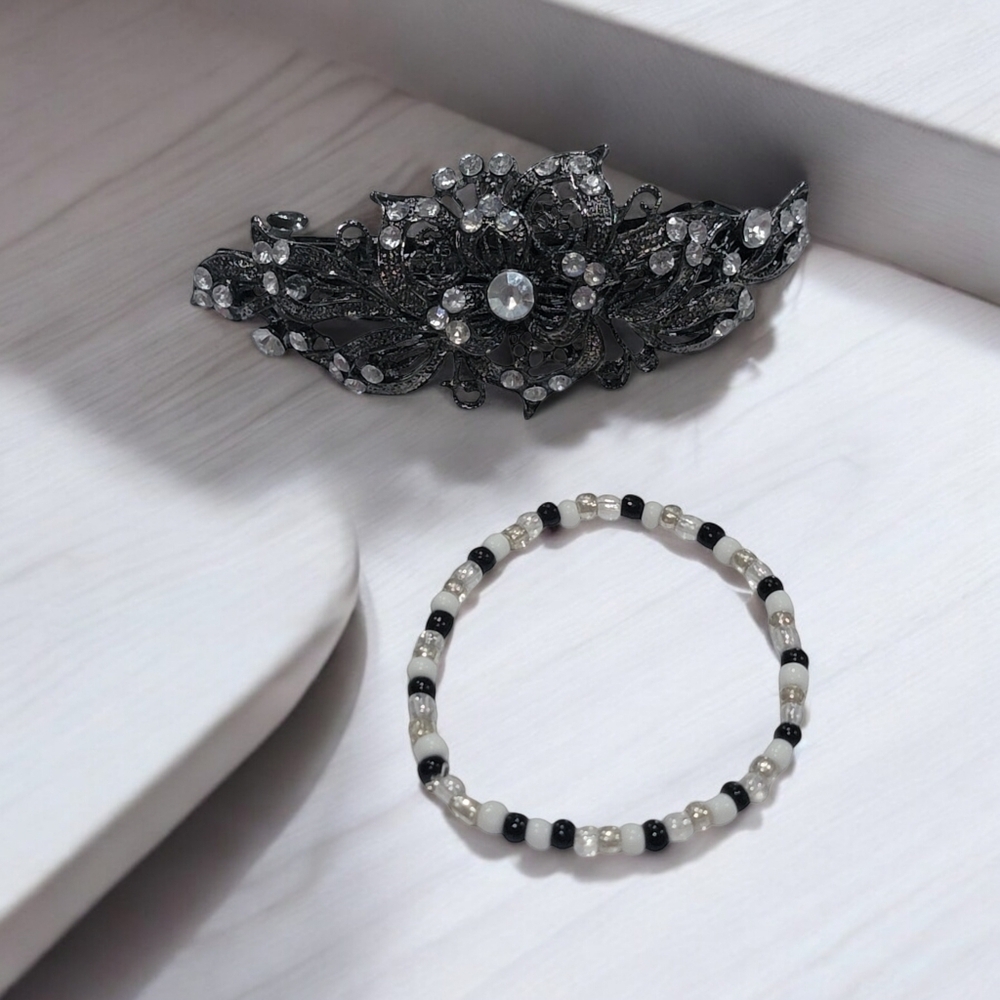 Black Rhinestone Barrette and bracelet bundle